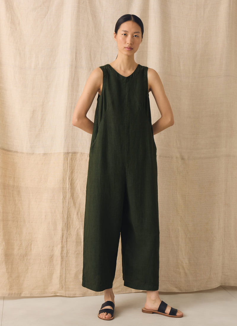 Garment Dyed Linen Scoop Back Jumpsuit | Dark Olive