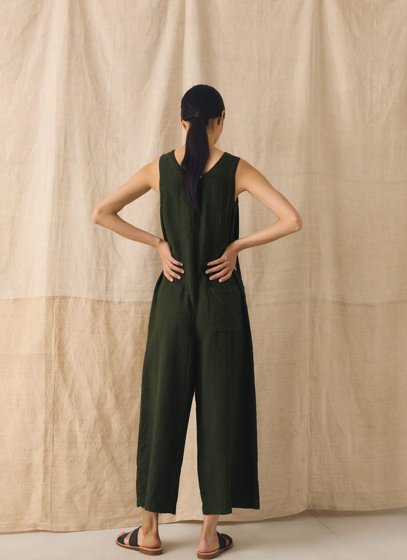 Garment Dyed Linen Scoop Back Jumpsuit | Dark Olive