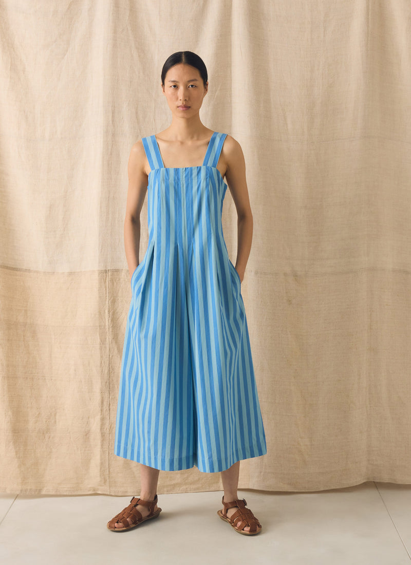 Oyo Stripe Cotton Jumpsuit | Aqua/Cornflower