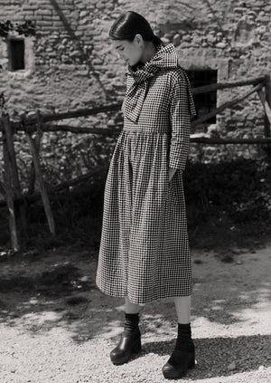 Boat Neck Cotton Gingham Dress | Charcoal/Natural