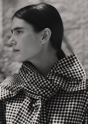 Boat Neck Cotton Gingham Dress | Charcoal/Natural