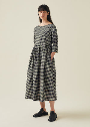 Boat Neck Cotton Gingham Dress | Charcoal/Natural