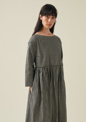 Boat Neck Cotton Gingham Dress | Charcoal/Natural