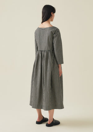 Boat Neck Cotton Gingham Dress | Charcoal/Natural