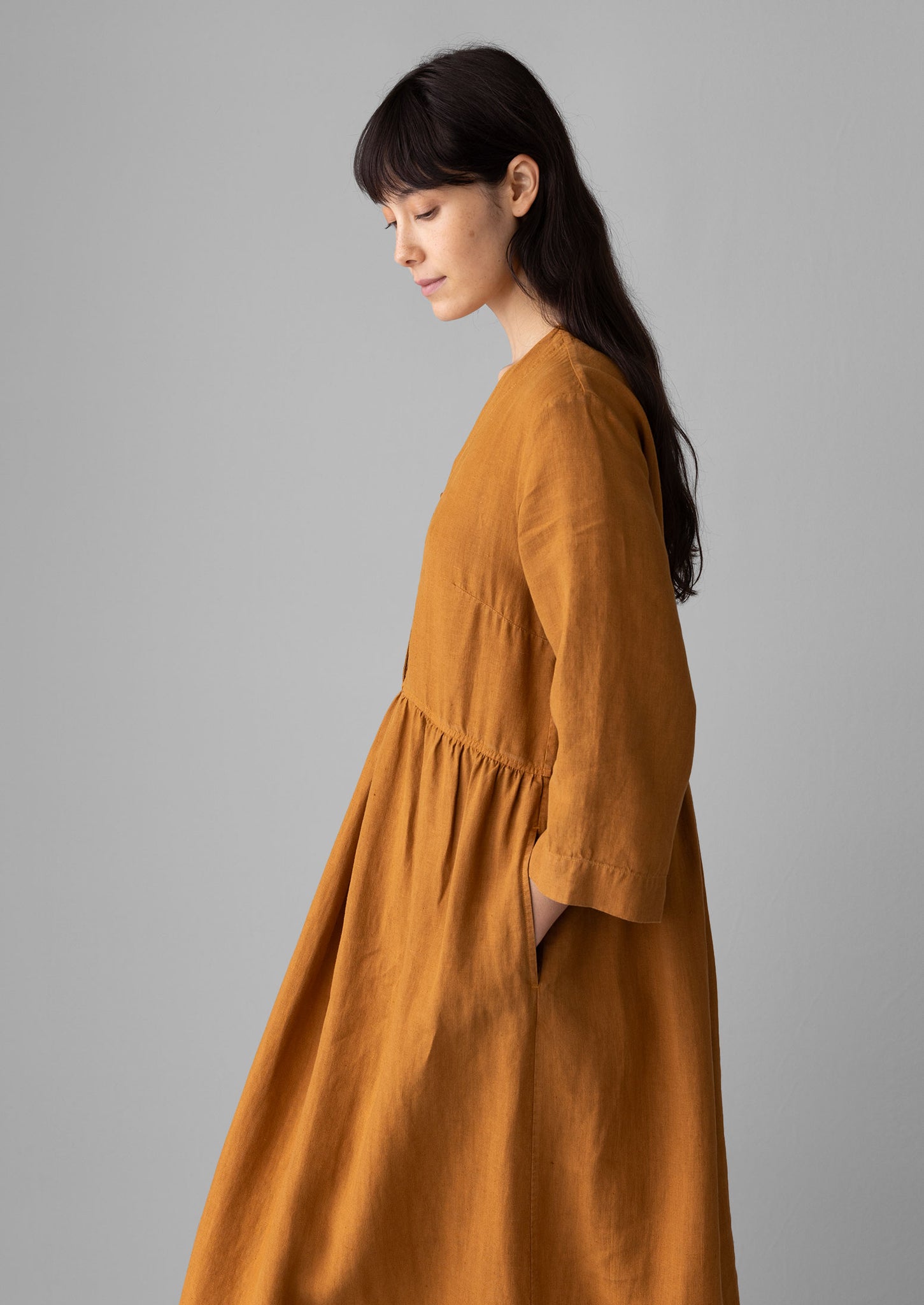 V-Neck Garment Dyed Linen Dress | Caramel