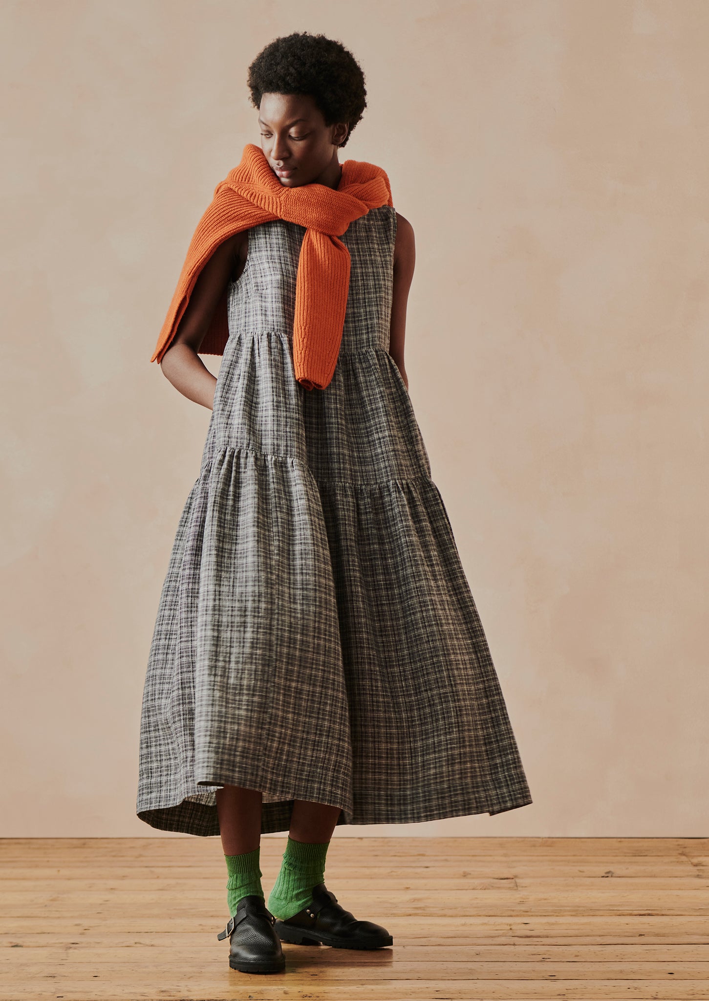 Tiered Asawa Check Linen Dress | Charcoal