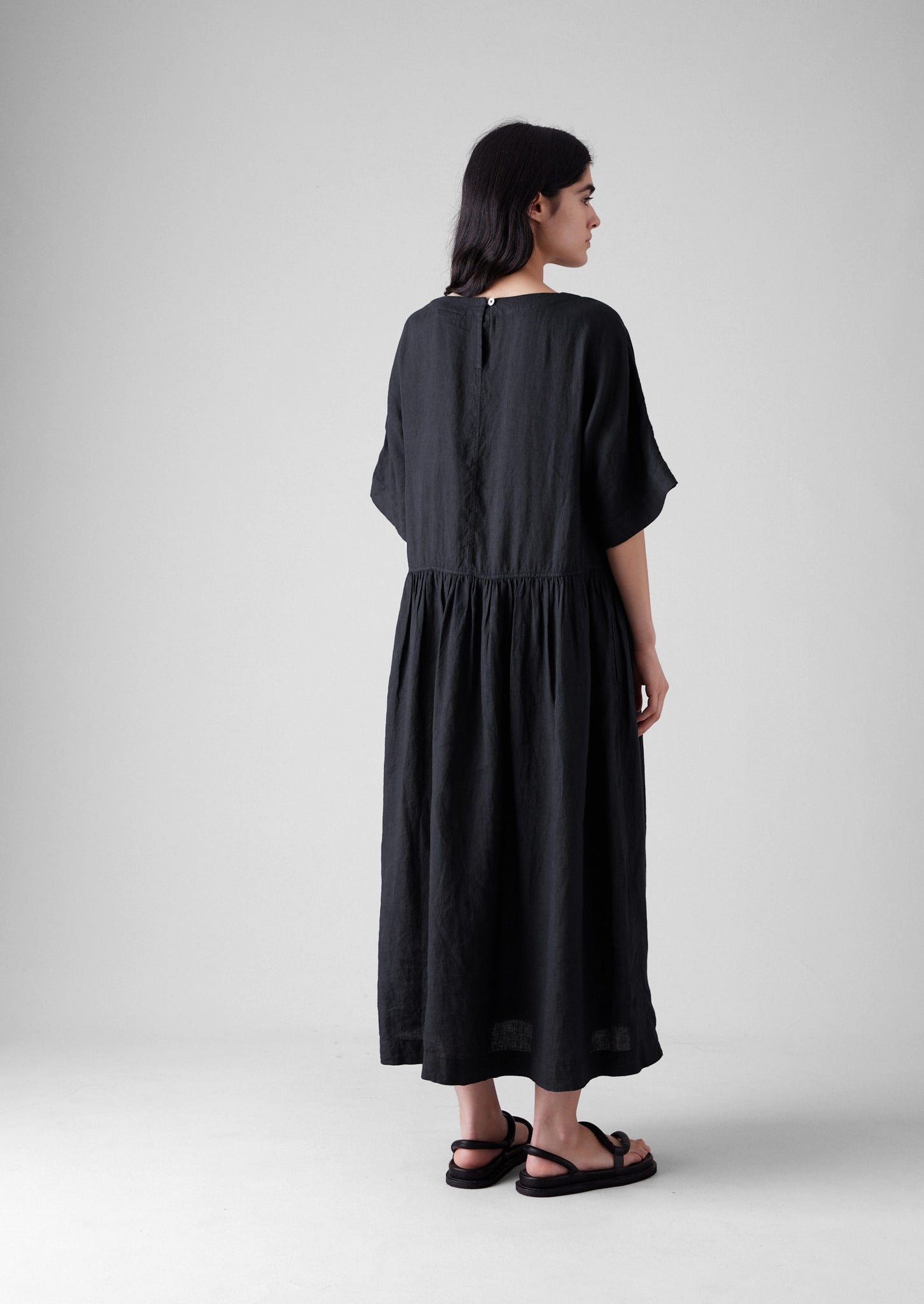 Lightweight Linen Gathered Waist Dress | Black Pepper