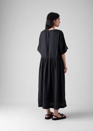 Lightweight Linen Gathered Waist Dress | Black Pepper