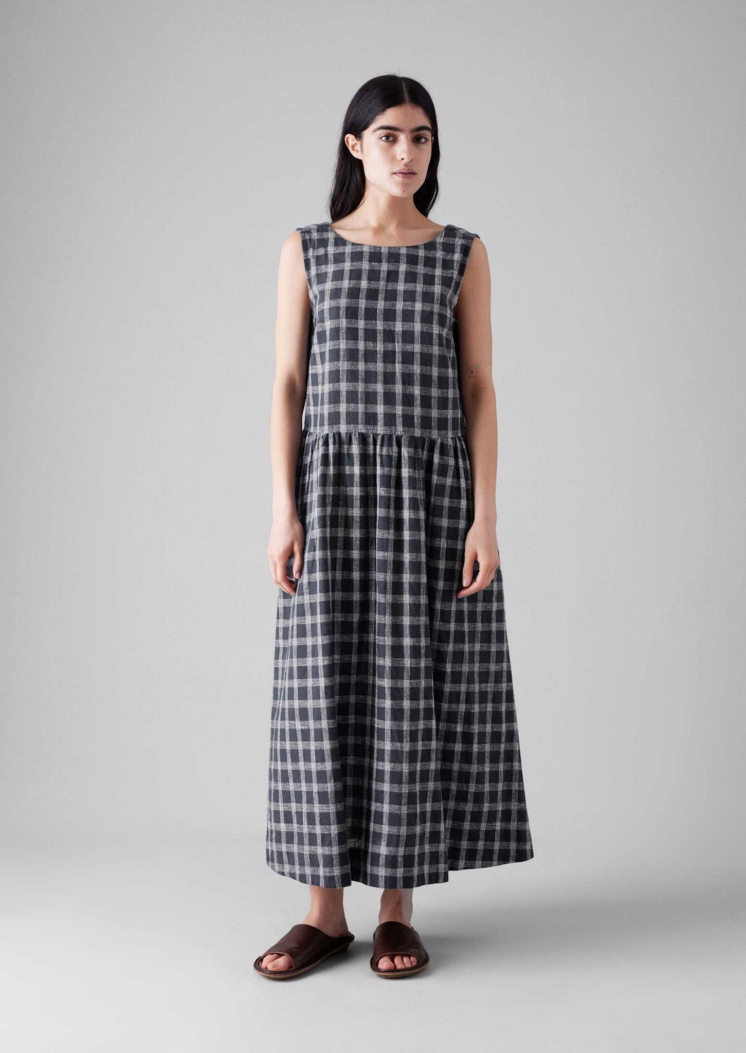 Check Cotton Linen Cross Back Dress | Slate