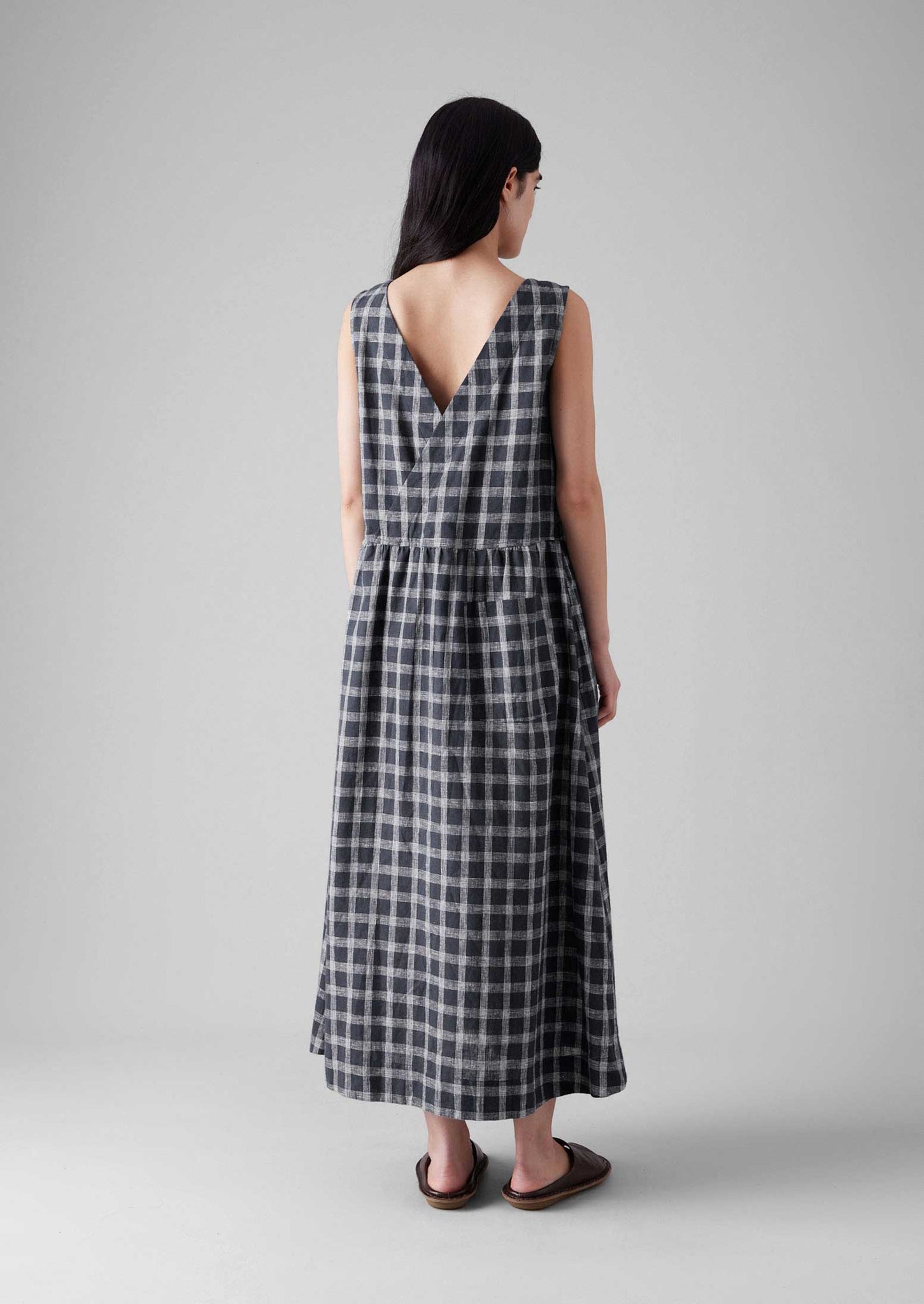 Check Cotton Linen Cross Back Dress | Slate