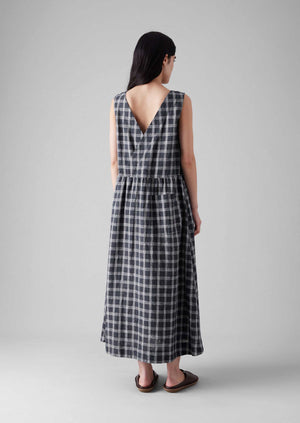 Check Cotton Linen Cross Back Dress | Slate