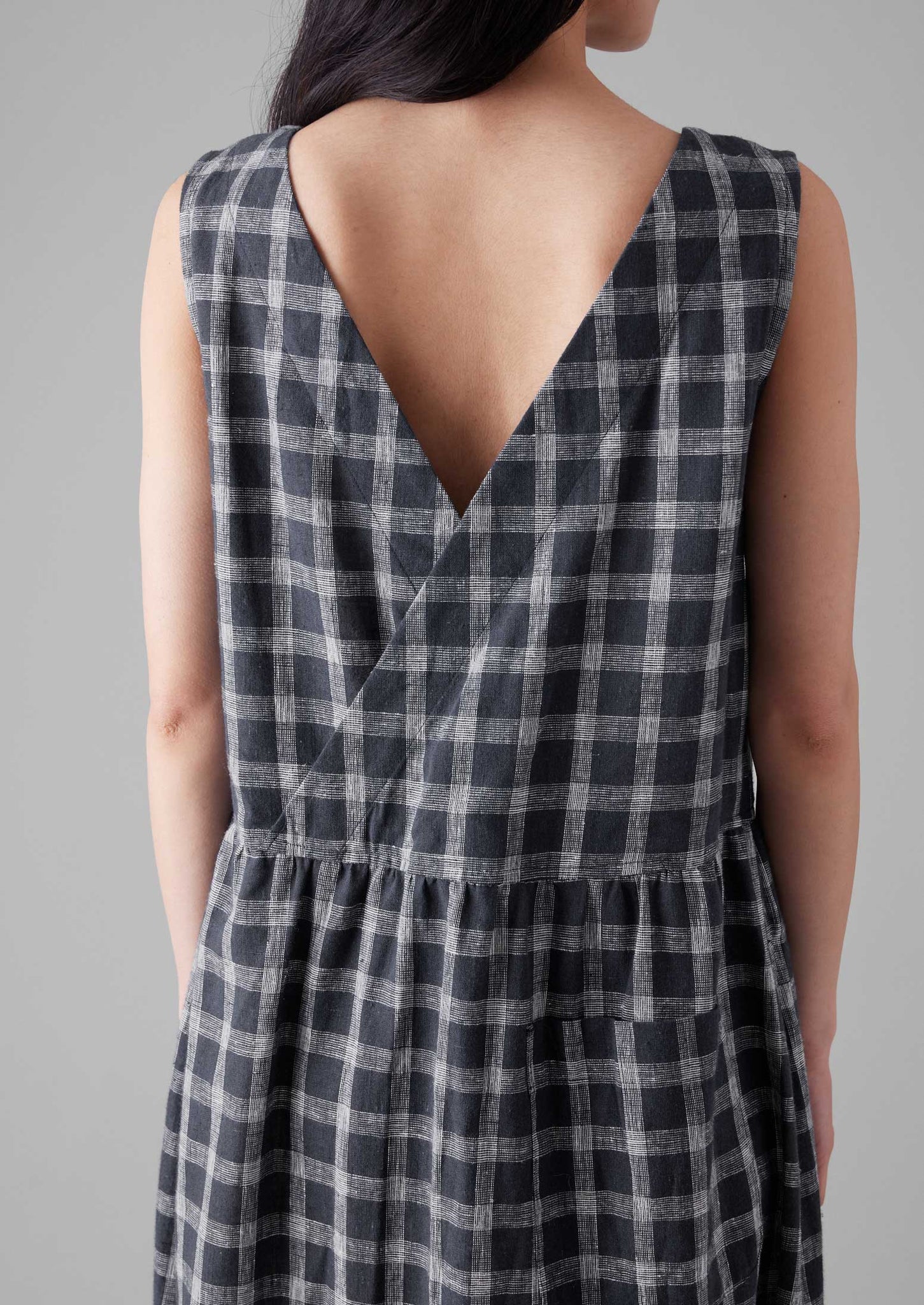 Check Cotton Linen Cross Back Dress | Slate