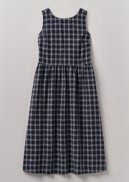 Check Cotton Linen Cross Back Dress Slate