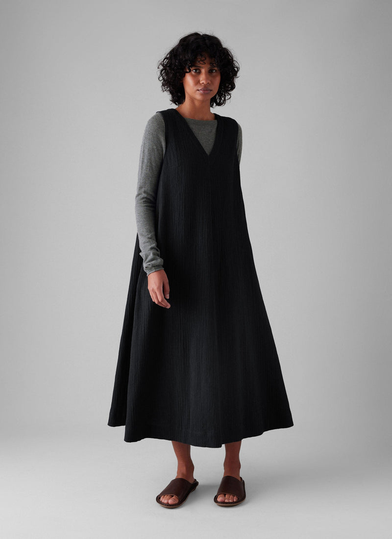 V-Neck Crinkle Cotton Easy Dress | Black