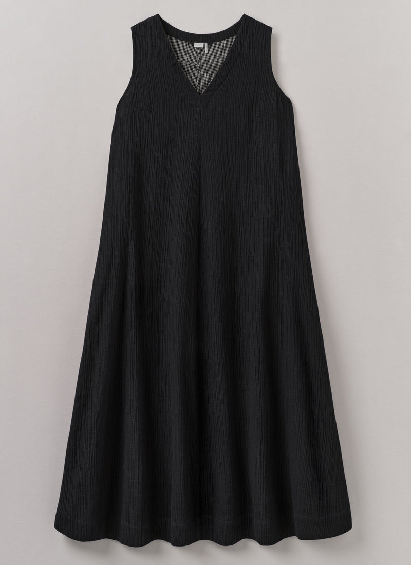 V-Neck Crinkle Cotton Easy Dress | Black