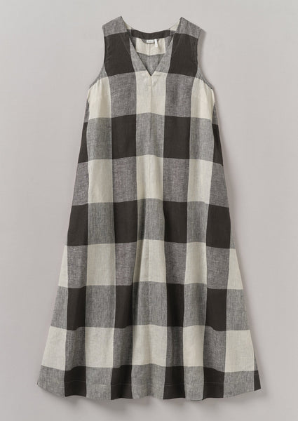 Macro Gingham Lightweight Linen Dress Ecru Charcoal