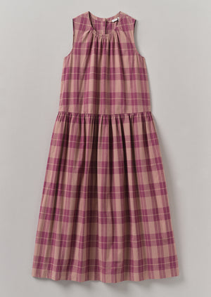 Check Cotton Gathered Waist Dress | Raspberry