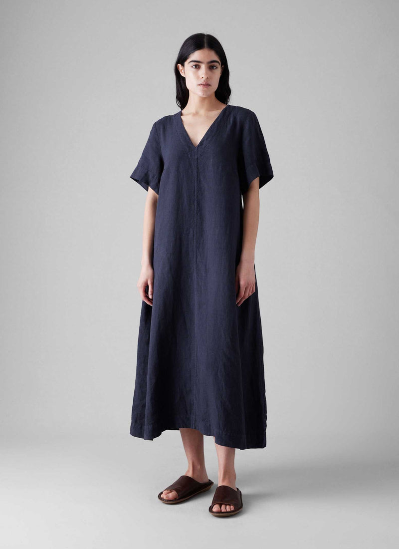 Garment Dyed Linen V Neck Dress | Midnight