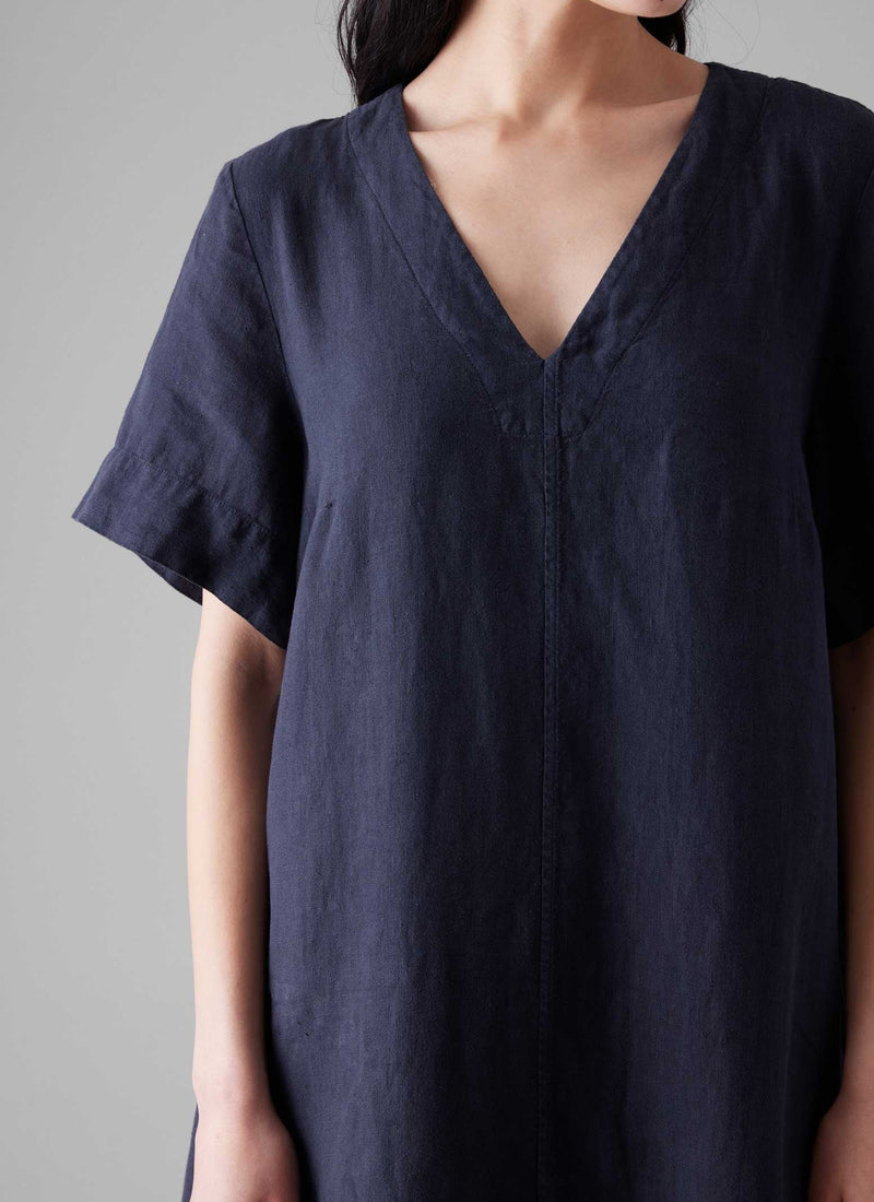 Garment Dyed Linen V Neck Dress | Midnight