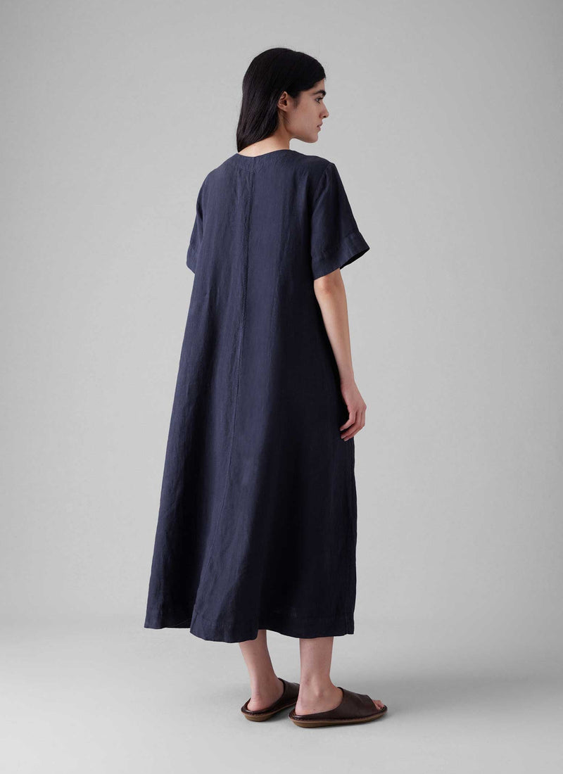 Garment Dyed Linen V Neck Dress | Midnight