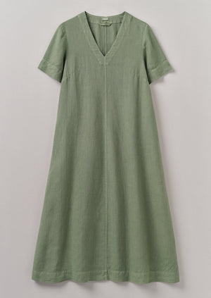 Garment Dyed Linen V Neck Dress | Light Sage