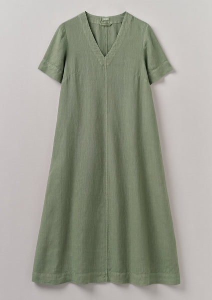 Garment Dyed Linen V Neck Dress Light Sage