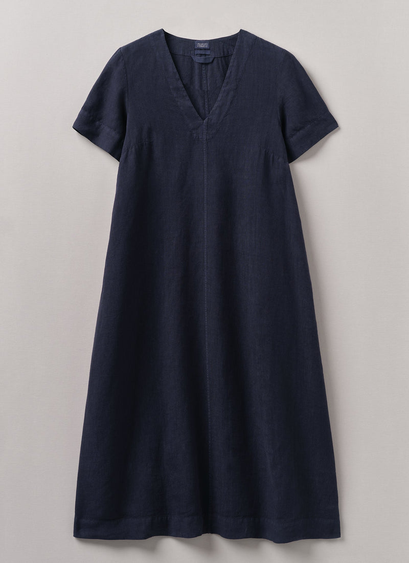 Garment Dyed Linen V Neck Dress | Midnight