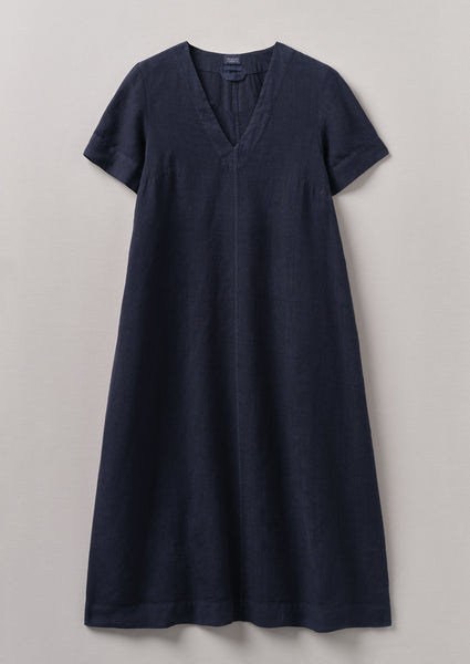 Garment Dyed Linen V Neck Dress Midnight