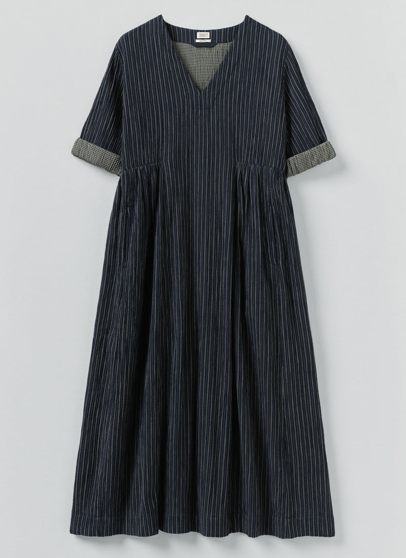 Stripe Crinkled Cotton V Neck Dress | Midnight Blue