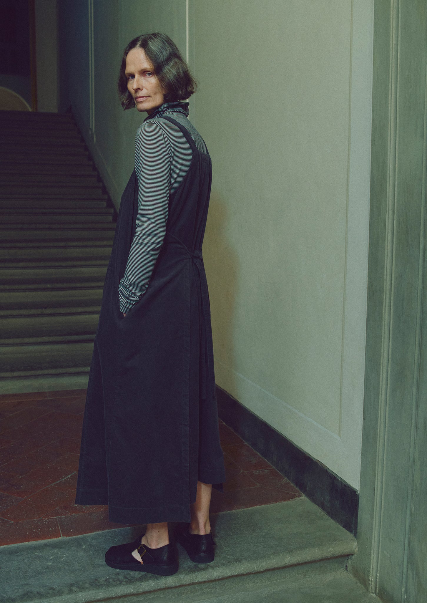 Organic Cord Apron Dress | Charcoal