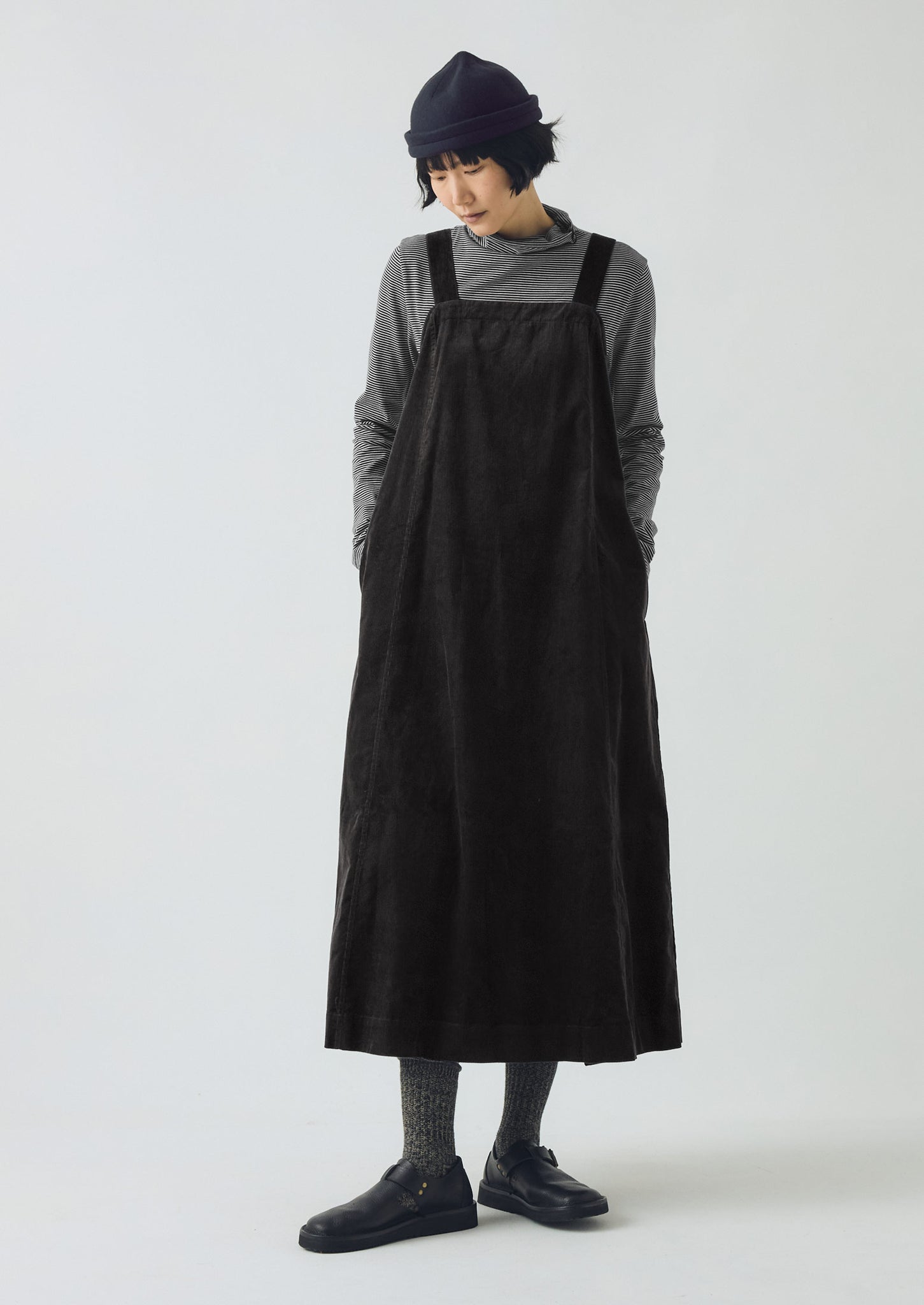 Organic Cord Apron Dress | Charcoal