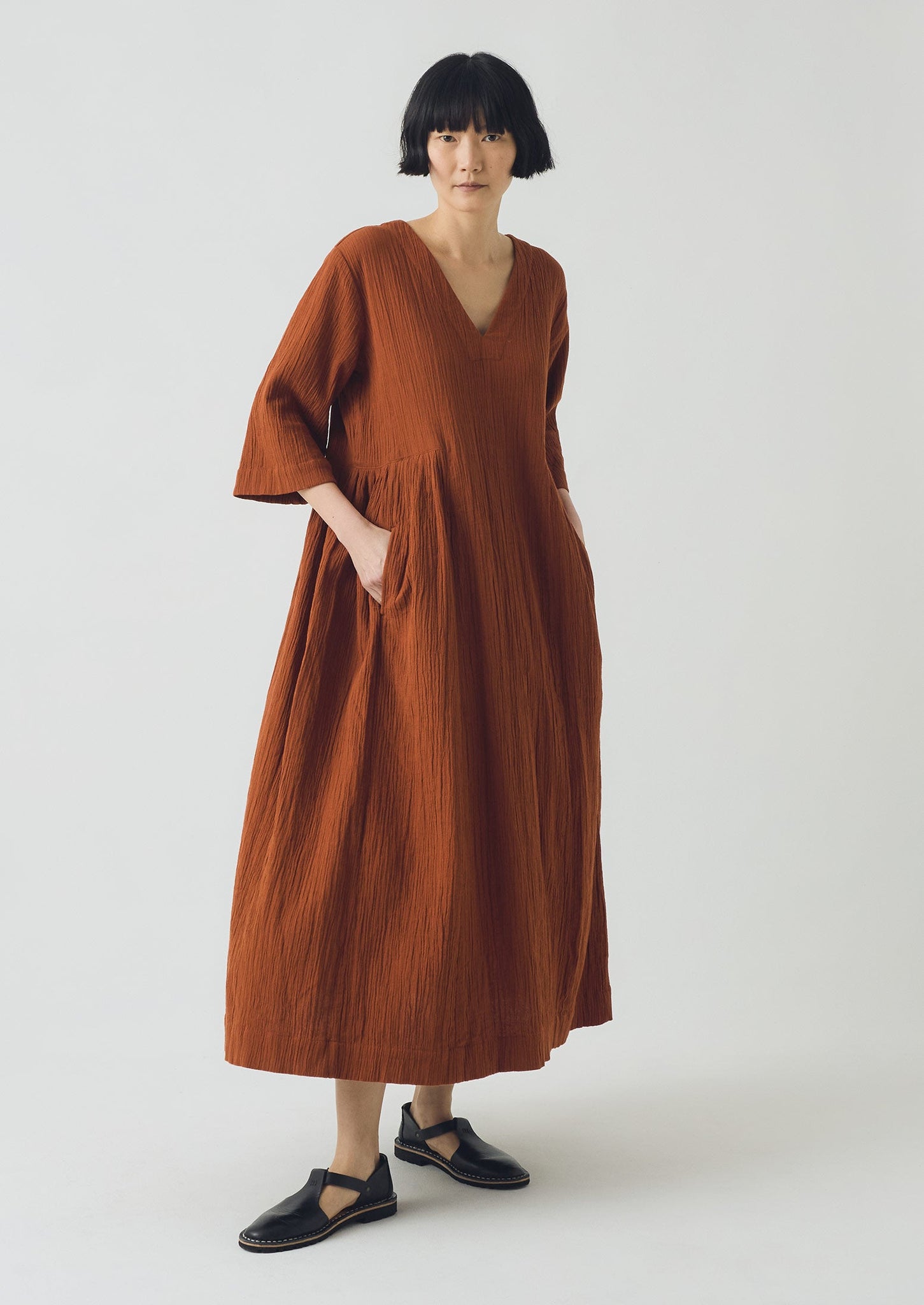 Crinkled Cotton V Neck Dress | Burnt Sienna