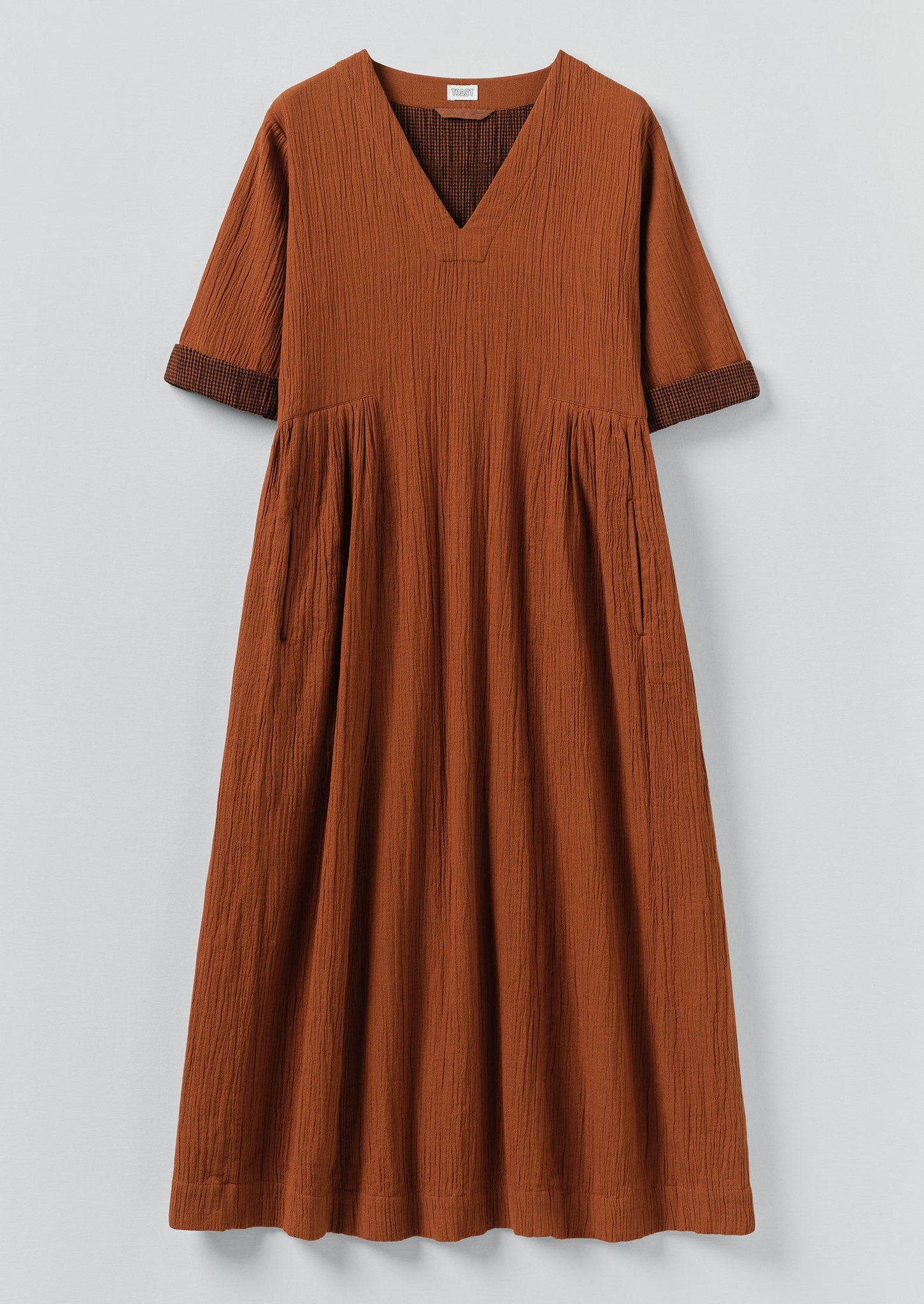 Crinkled Cotton V Neck Dress | Burnt Sienna