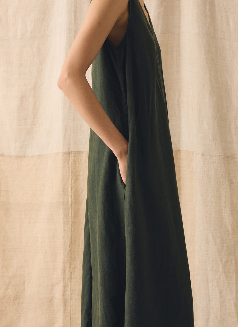 Garment Dyed Linen Sleeveless Dress | Dark Olive