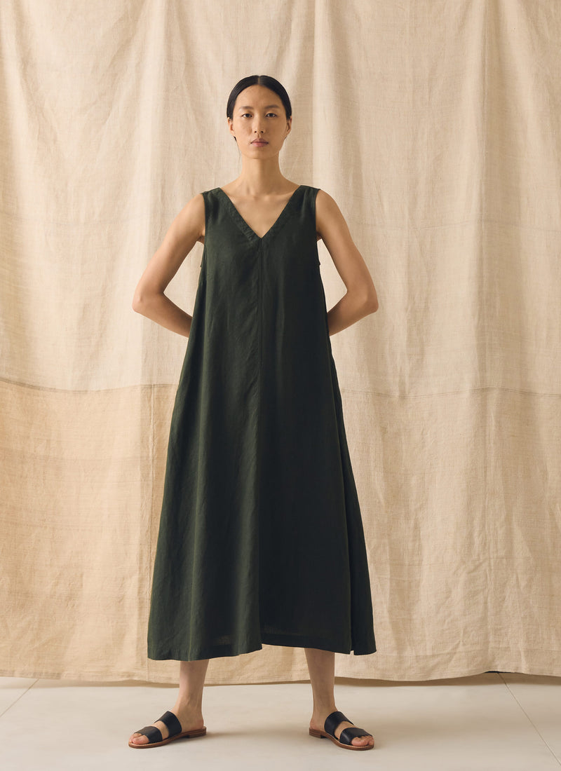 Garment Dyed Linen Sleeveless Dress | Dark Olive