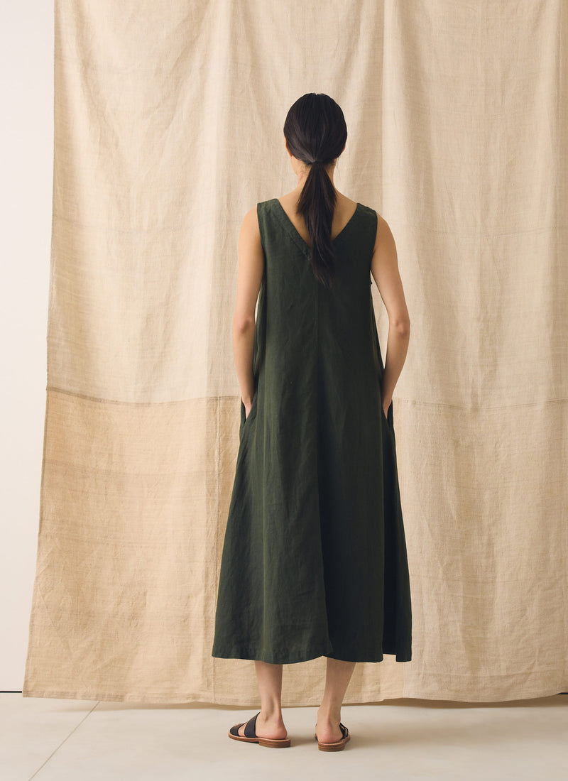 Garment Dyed Linen Sleeveless Dress | Dark Olive