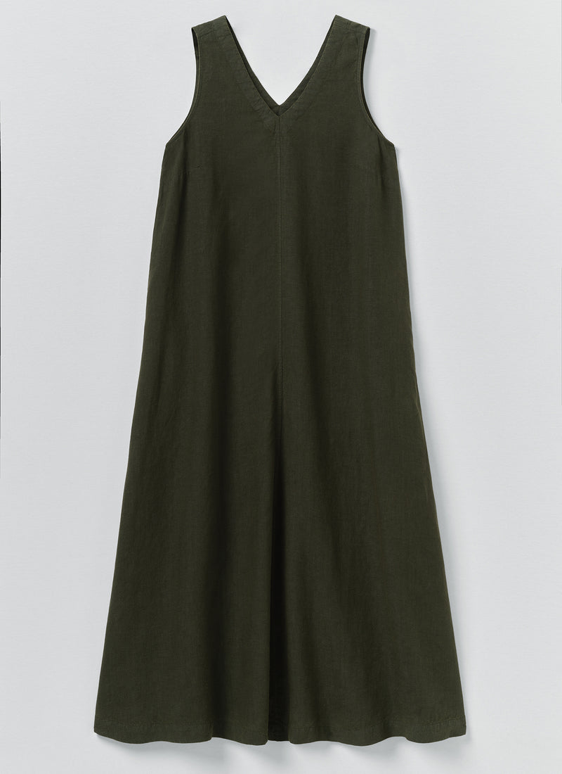 Garment Dyed Linen Sleeveless Dress | Dark Olive
