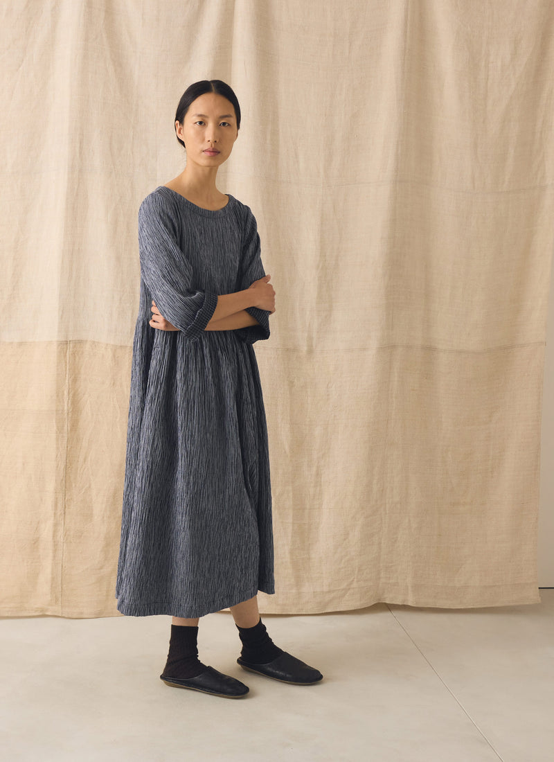 Freya Crinkle Cotton Dress | Dark Blue/White