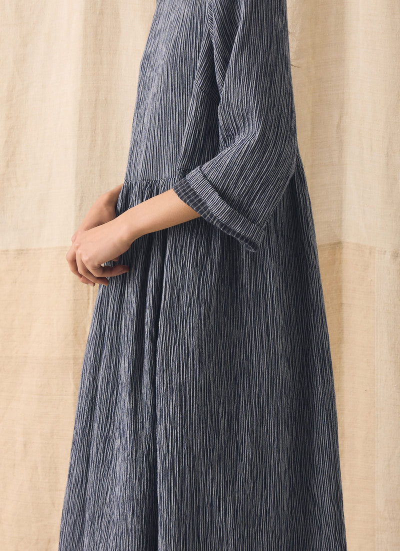 Freya Crinkle Cotton Dress | Dark Blue/White