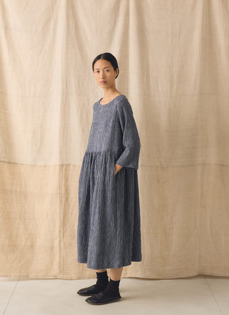 Freya Crinkle Cotton Dress | Dark Blue/White