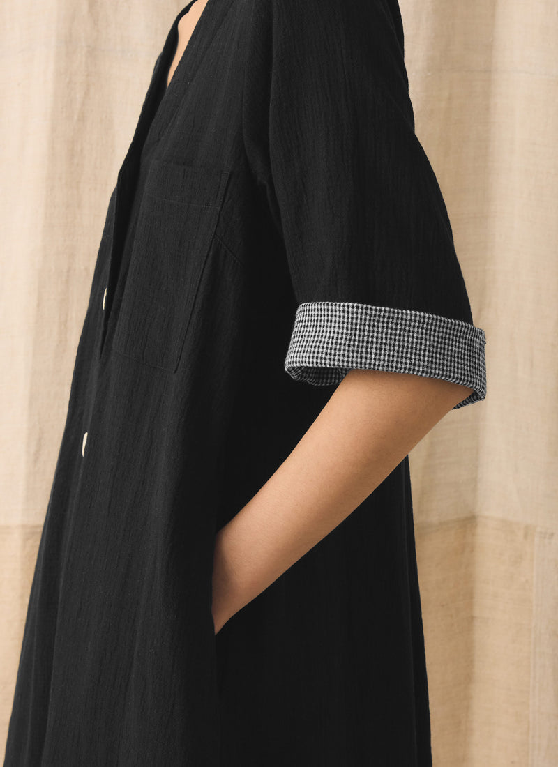 Button Front Crinkle Cotton Dress | Black