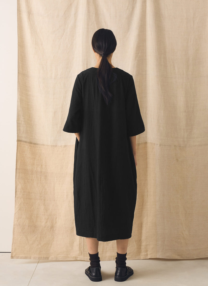 Button Front Crinkle Cotton Dress | Black