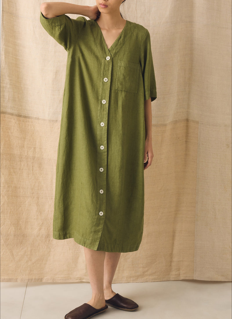 Garment Dyed Linen Button Front Dress | Pale Olive