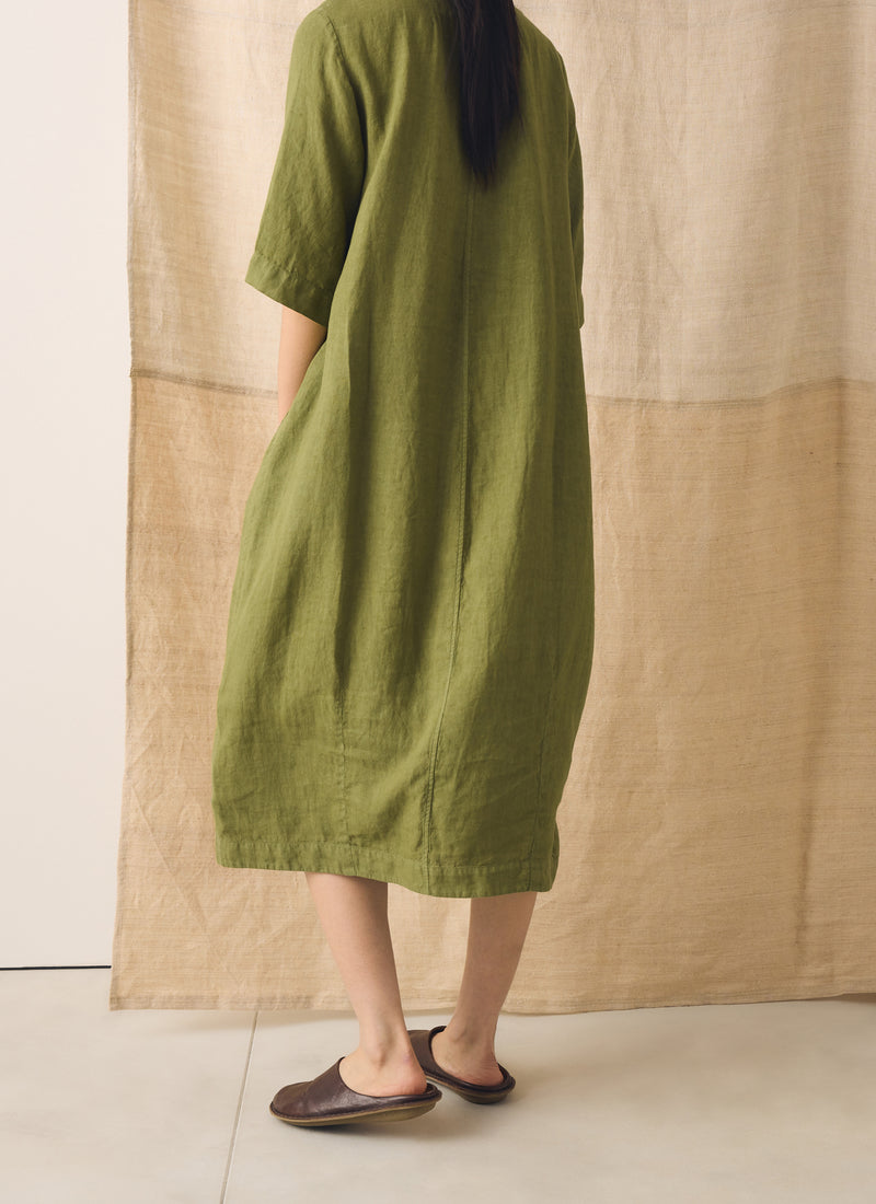 Garment Dyed Linen Button Front Dress | Pale Olive