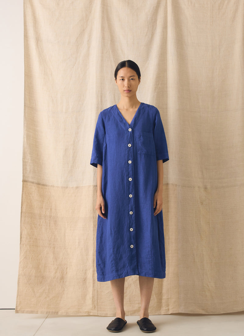 Garment Dyed Linen Button Front Dress | Carmine Blue