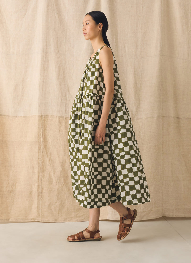 Block Print Warp Check Sleeveless Dress | Olive