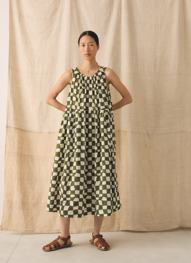 Block Print Warp Check Sleeveless Dress | Olive