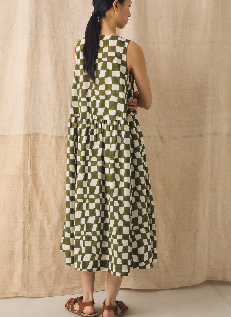 Block Print Warp Check Sleeveless Dress | Olive