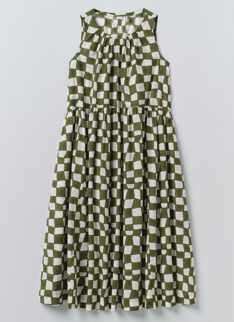 Block Print Warp Check Sleeveless Dress | Olive