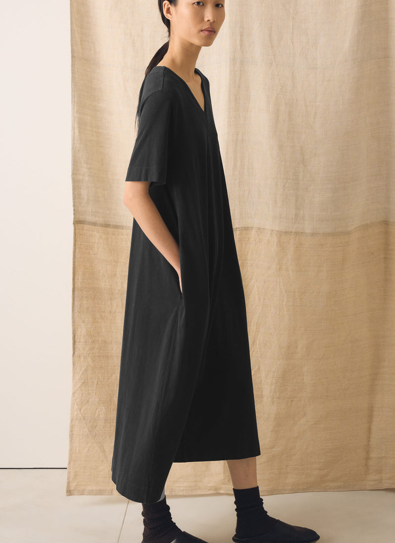 Cotton Jersey V Neck Dress | Washed Black